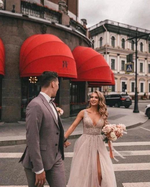 Boho A-line V-Neck Slit Wedding Dresses with Lace (ZD16434)