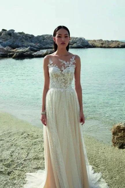 Boho Long A-line Tulle Sleeveless Wedding Dresses With Lace (ZD14899)