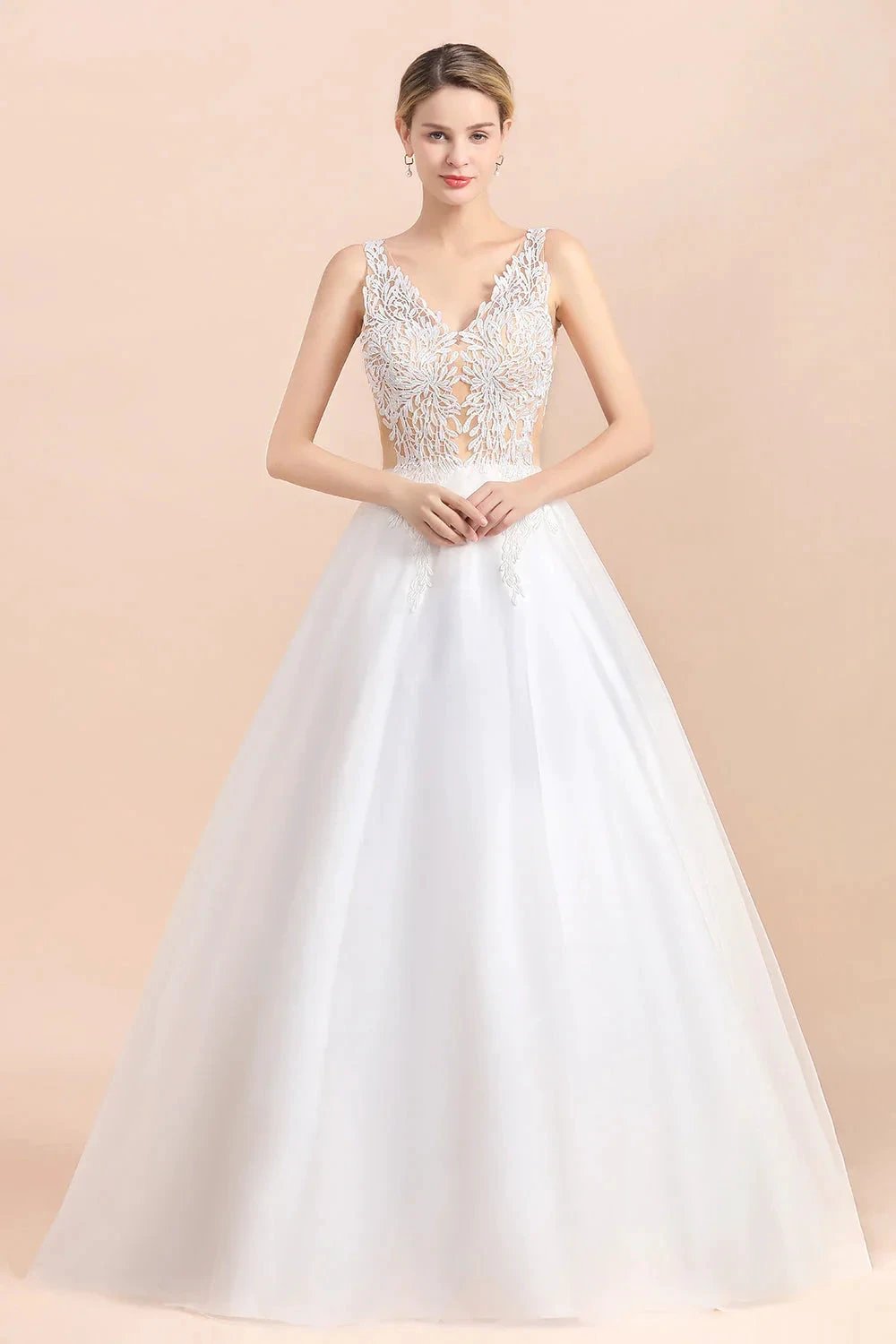 Boho Long A-line V-Neck Straps Tulle Appliques Lace Wedding Dress (ZD14417)