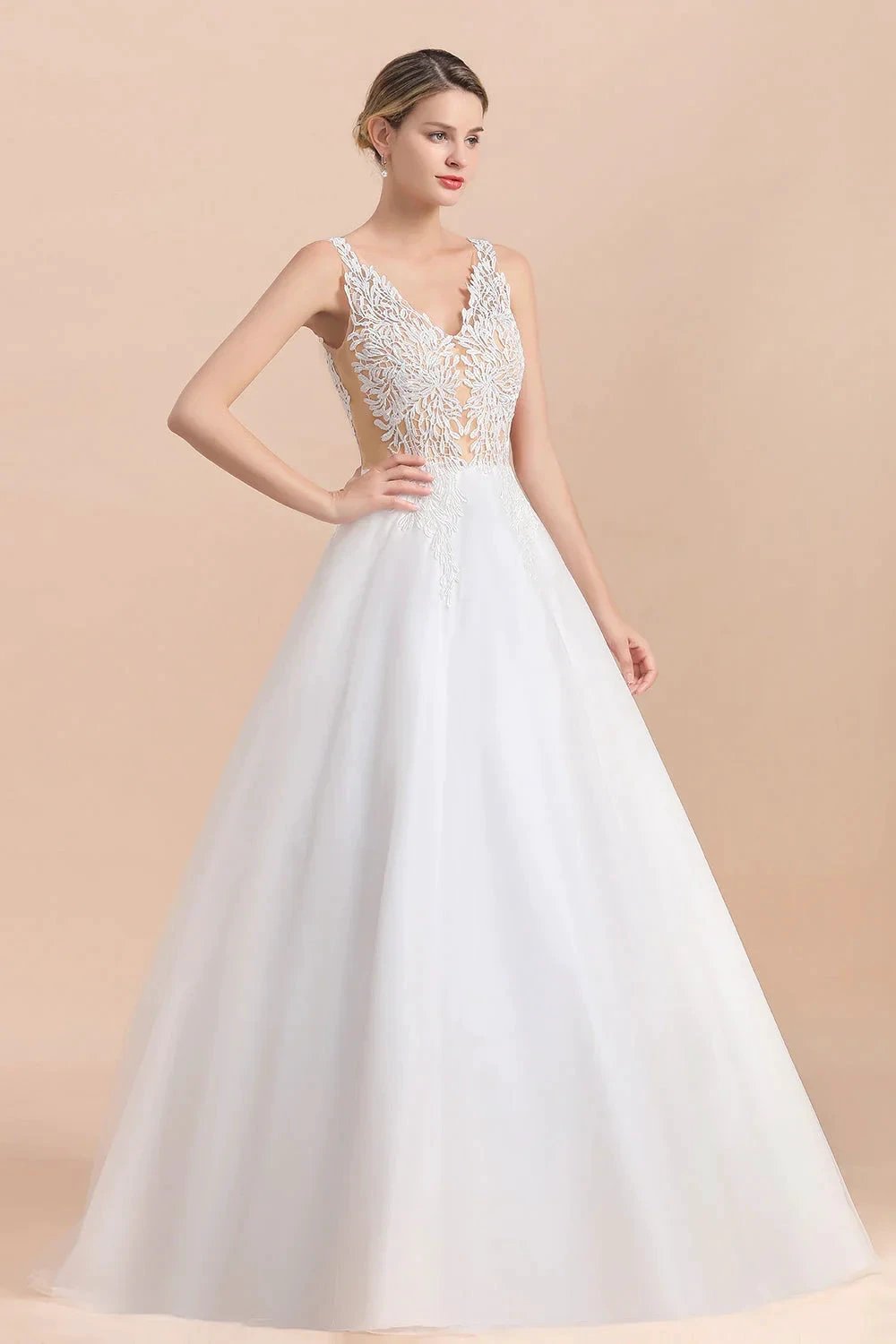 Boho Long A-line V-Neck Straps Tulle Appliques Lace Wedding Dress (ZD14417)