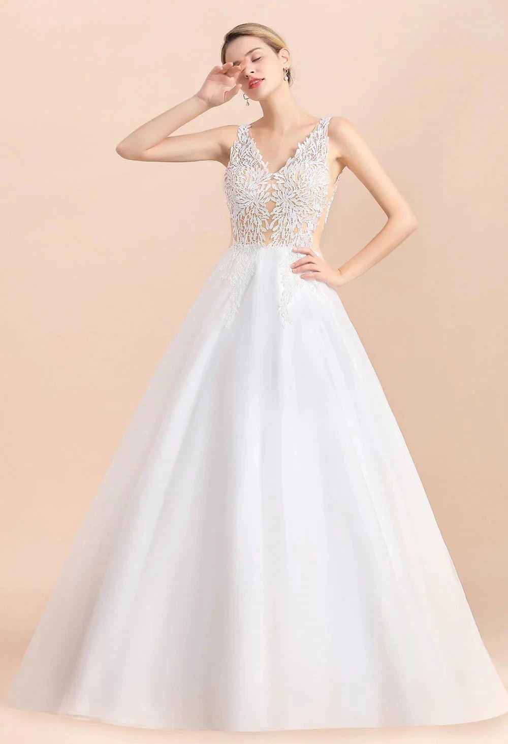 Boho Long A-line V-Neck Straps Tulle Appliques Lace Wedding Dress (ZD14417)