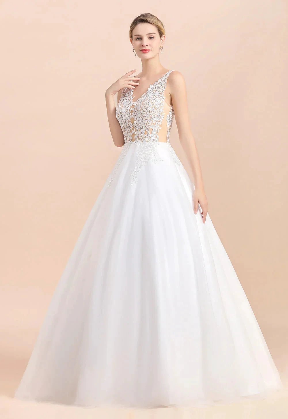 Boho Long A-line V-Neck Straps Tulle Appliques Lace Wedding Dress (ZD14417)