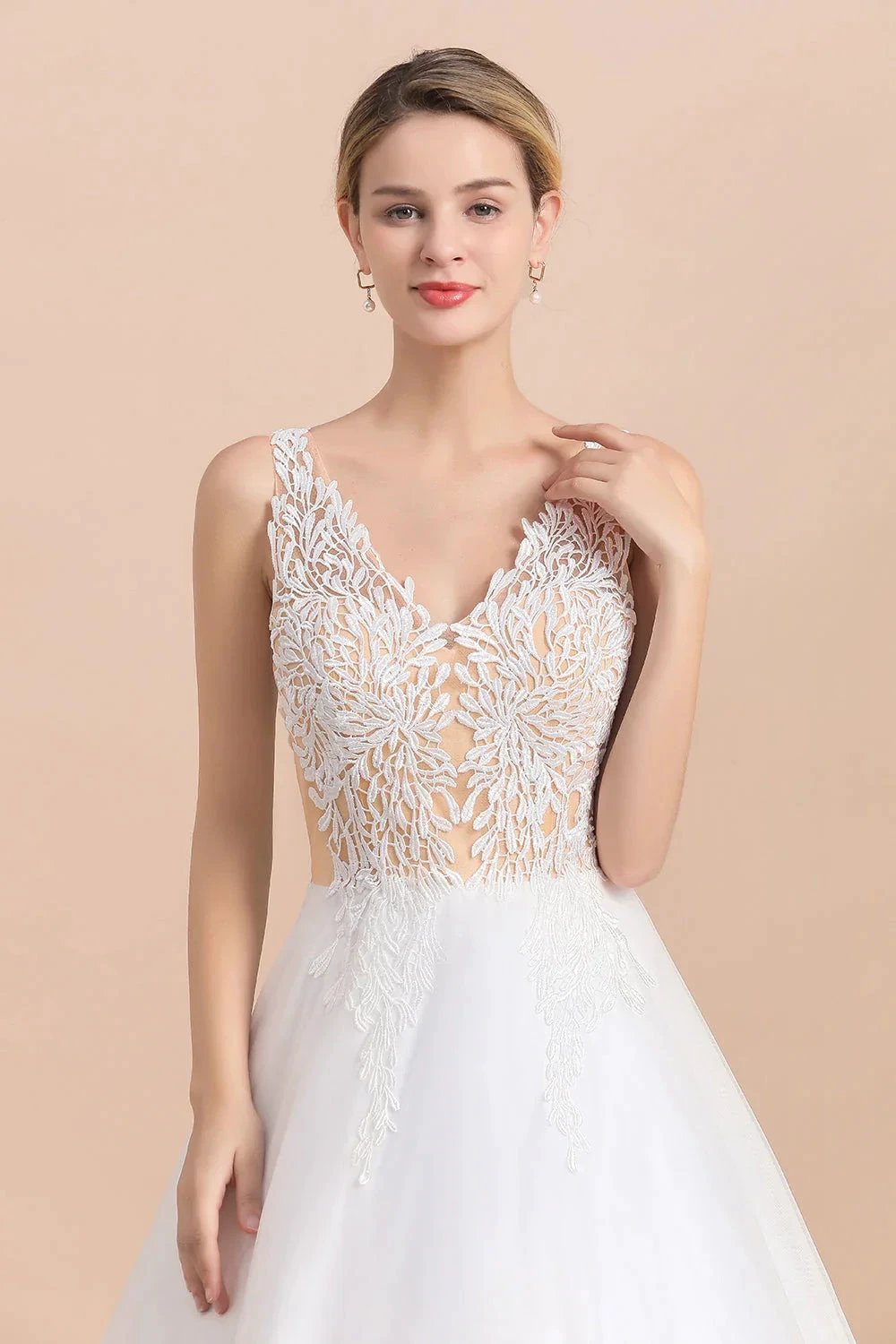 Boho Long A-line V-Neck Straps Tulle Appliques Lace Wedding Dress (ZD14417)