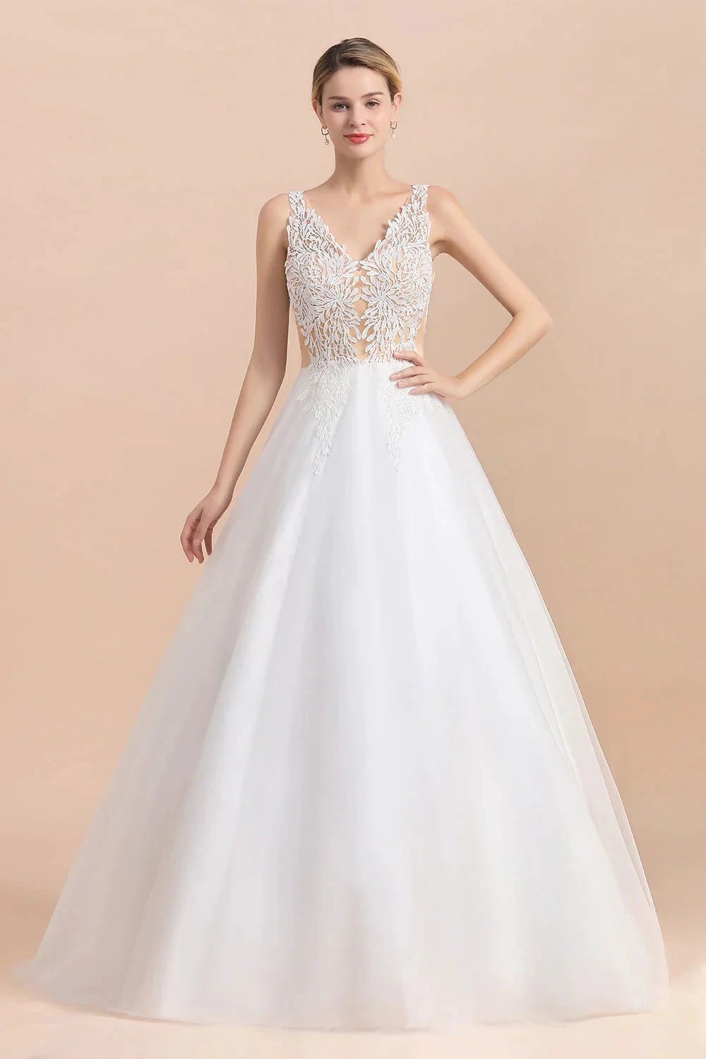 Boho Long A-line V-Neck Straps Tulle Appliques Lace Wedding Dress (ZD14417)