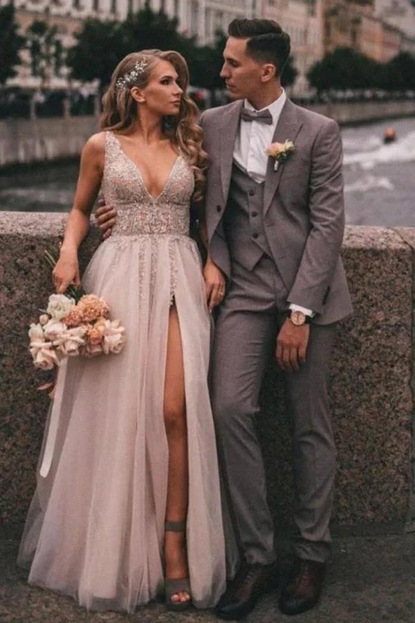 Boho Long A-line V-neck Tulle Appliques Lace Wedding Dress with Slit (ZD14358)