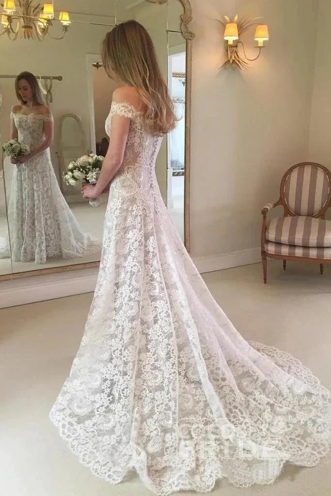 Boho Long Mermaid Off the Shoulder Lace Wedding Dress (ZD15857)