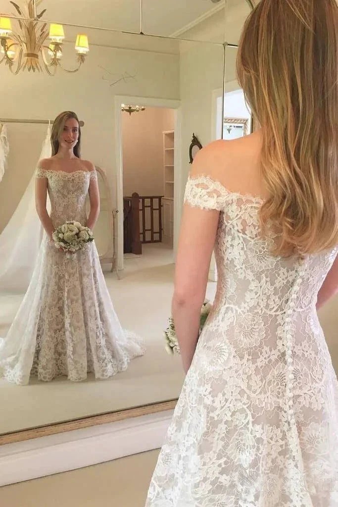 Boho Long Mermaid Off the Shoulder Lace Wedding Dress (ZD15857)
