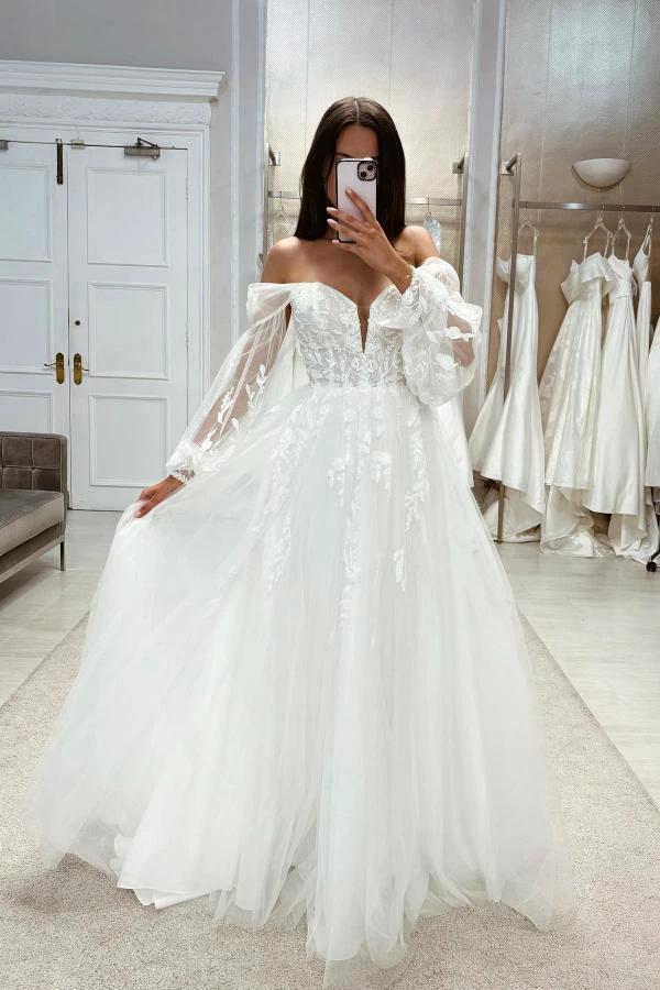 Boho Long White A-line Off-the-shoulder Lace Wedding Dresses with Long Sleeves (ZD15643)