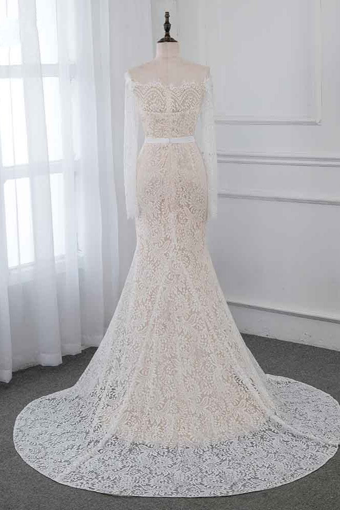 Boho Off-the-Shoulder Champagne Wedding Dresses Long Sleeves Mermaid Appliques Bridal Gowns (ZD17455)