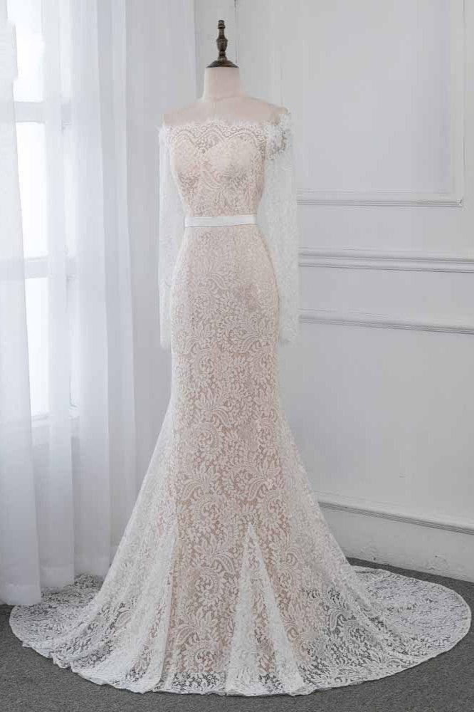 Boho Off-the-Shoulder Champagne Wedding Dresses Long Sleeves Mermaid Appliques Bridal Gowns (ZD17455)