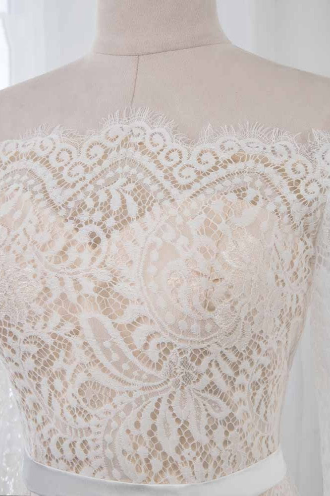 Boho Off-the-Shoulder Champagne Wedding Dresses Long Sleeves Mermaid Appliques Bridal Gowns (ZD17455)