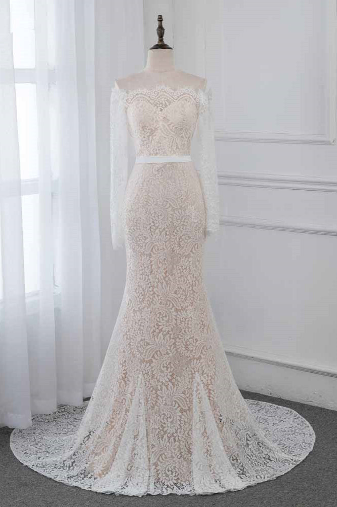 Boho Off-the-Shoulder Champagne Wedding Dresses Long Sleeves Mermaid Appliques Bridal Gowns (ZD17455)