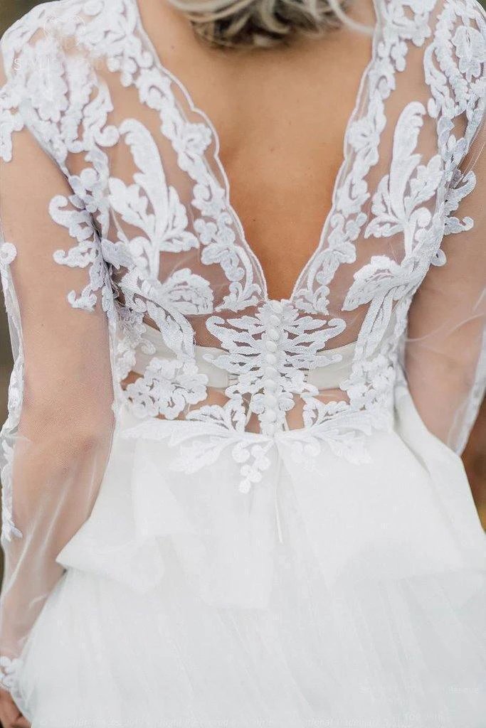 Boho Wedding Dress  V Back Bridal Lace Gown Separates Wedding Dress (ZD15287)