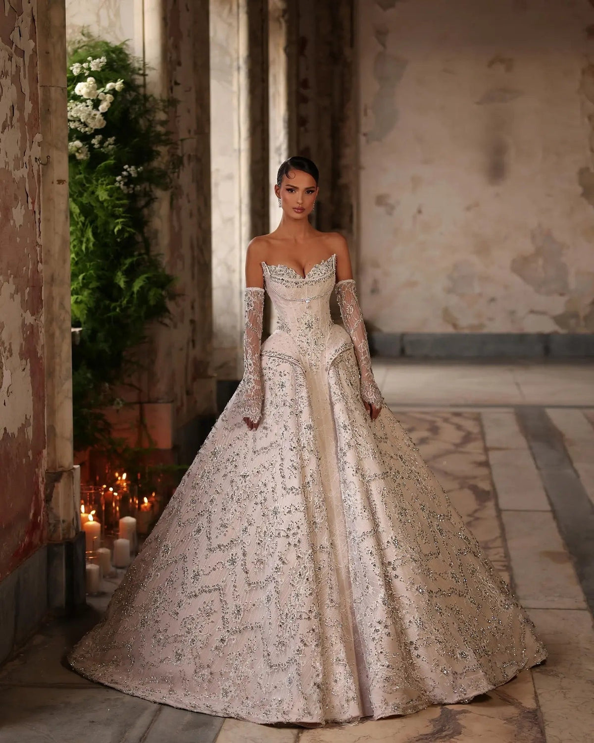 Luxury Off Shoulder Beaded Ball Gown Wedding Dress ZP181