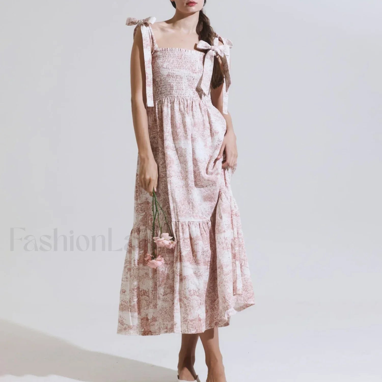 Bow-Strap Floral Smocked Midi Dress