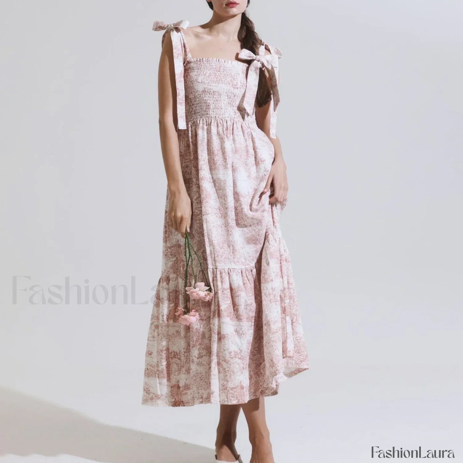 Bow-Strap Floral Smocked Midi Dress