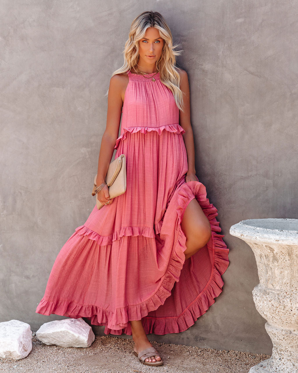 Brave Soul Pocketed Halter Maxi Dress Rosewood
