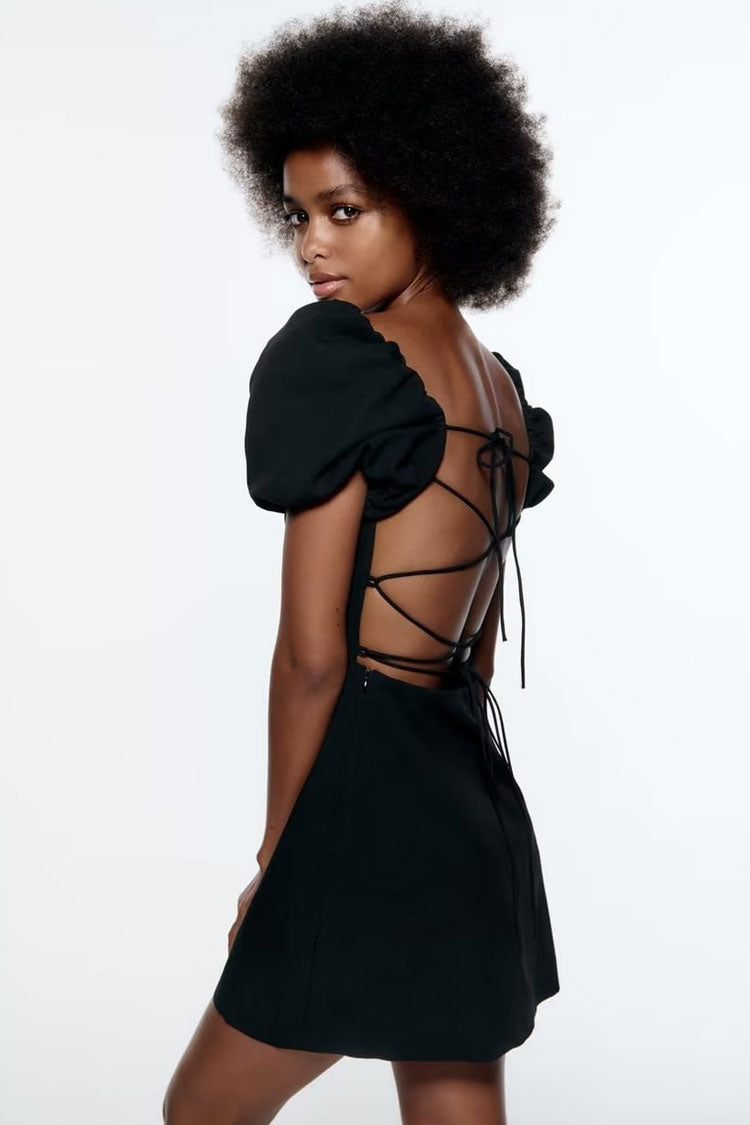 Ruched Backless Puff Sleeve Mini Dress for Elegant Parties - Fashionpara