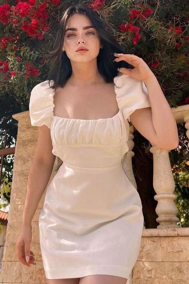 Breezy Backless Lace-Up Mini Dress with Puff Sleeves - Fashionpara