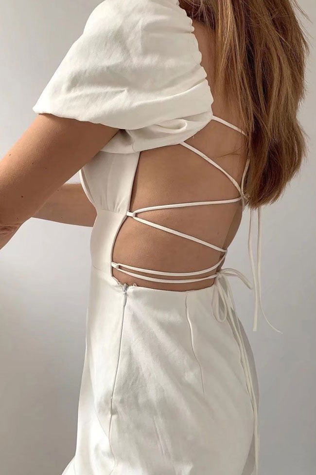 Breezy Backless Lace-Up Mini Dress with Puff Sleeves - Fashionpara