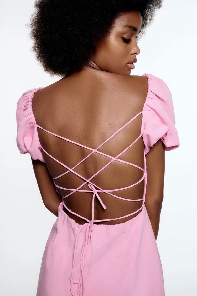 Breezy Backless Mini Dress with Puff Sleeves and Lace Up Back - Fashionpara