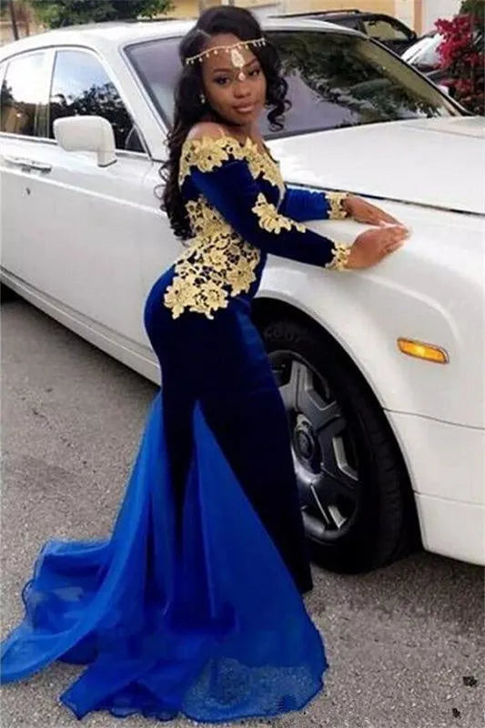Fashion Royal Blue Mermaid Evening Dress Scoop Neck Lace Appliques Prom Gown Ruched Floor Length Outfit