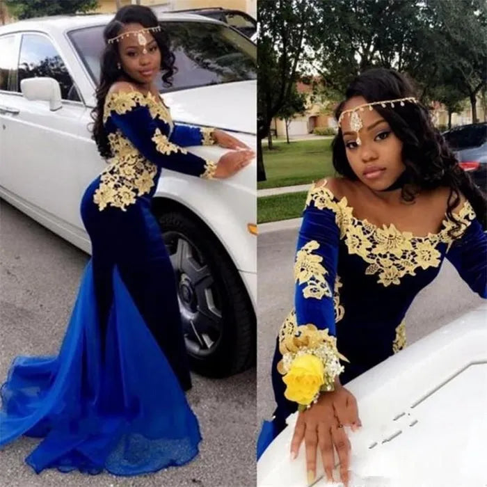 Fashion Royal Blue Mermaid Evening Dress Scoop Neck Lace Appliques Prom Gown Ruched Floor Length Outfit