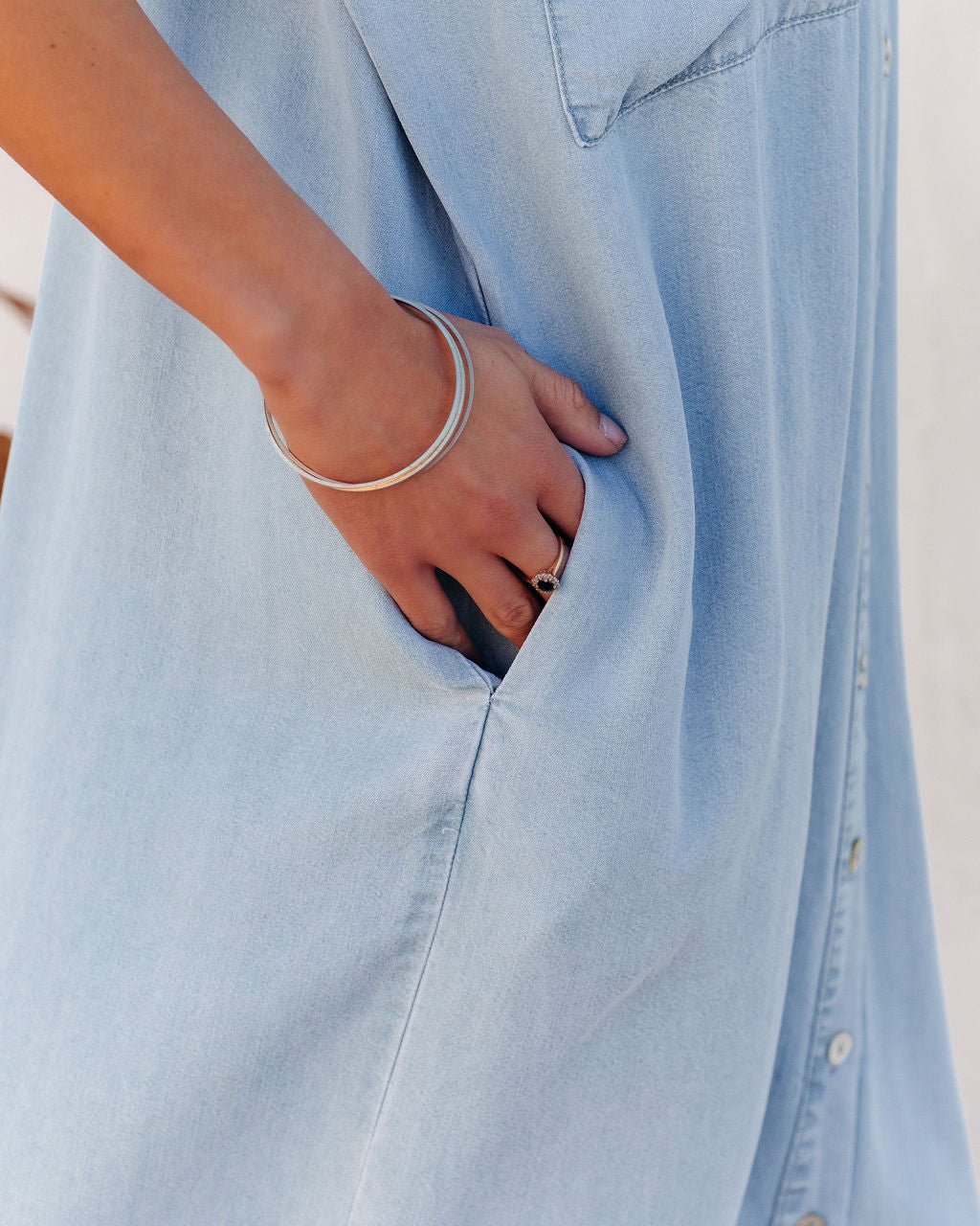 Briley Pocketed Tencel Button Down Midi Dress Chambray