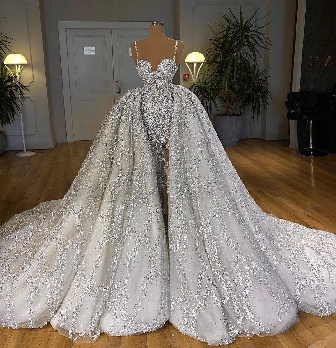 Brilliant Long Mermaid Sweetheart Sequins Wedding Dress With Ruffles Train (ZD14320)