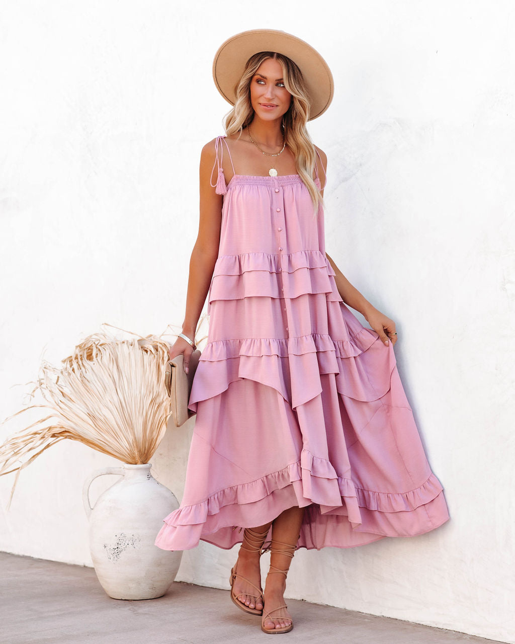 Brisbane Tiered Tassel Midi Dress Mauve
