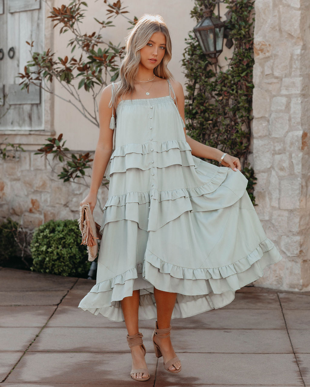 Brisbane Tiered Tassel Midi Dress Sage
