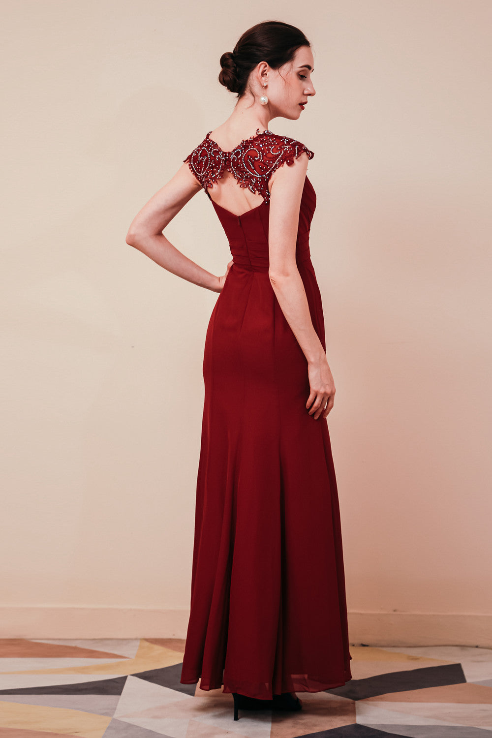 Burgundy Beaded Cap sleeves Chiffon Column Evening Dress