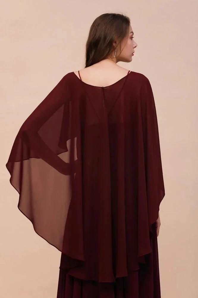 Burgundy Bridesmaid Dresses Spaghetti Straps Chiffon Floor Length Wedding Guest Dress with Back Cape Wraps (ZD13008)
