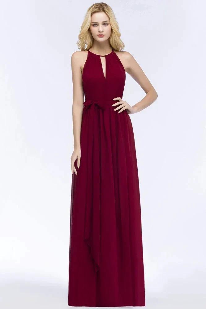 Burgundy Halter A-line Floor Length Bridesmaid Dresses with Bow Sash by misshow.com