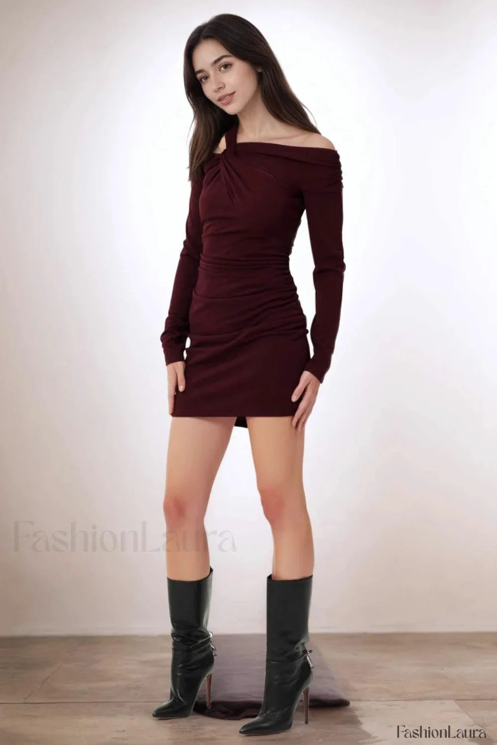Burgundy Off Shoulder Tailored Dress for Streetwear Style