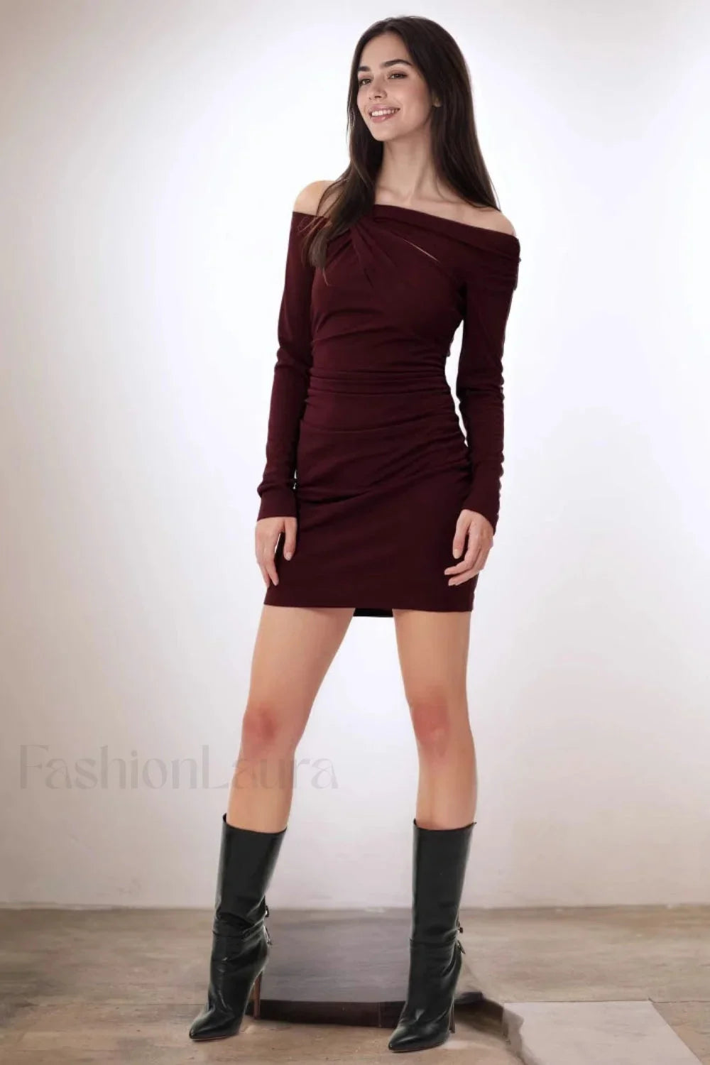 Burgundy Off Shoulder Tailored Dress for Streetwear Style
