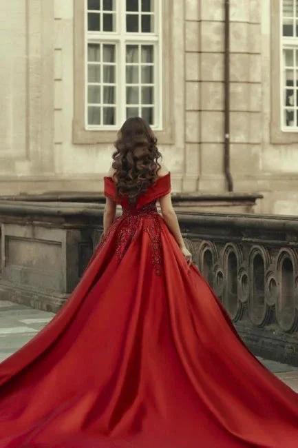 Burgundy Off-the-shoulder A-Line Satin Wedding Dresses Bridal Gowns With Lace (ZD16551)