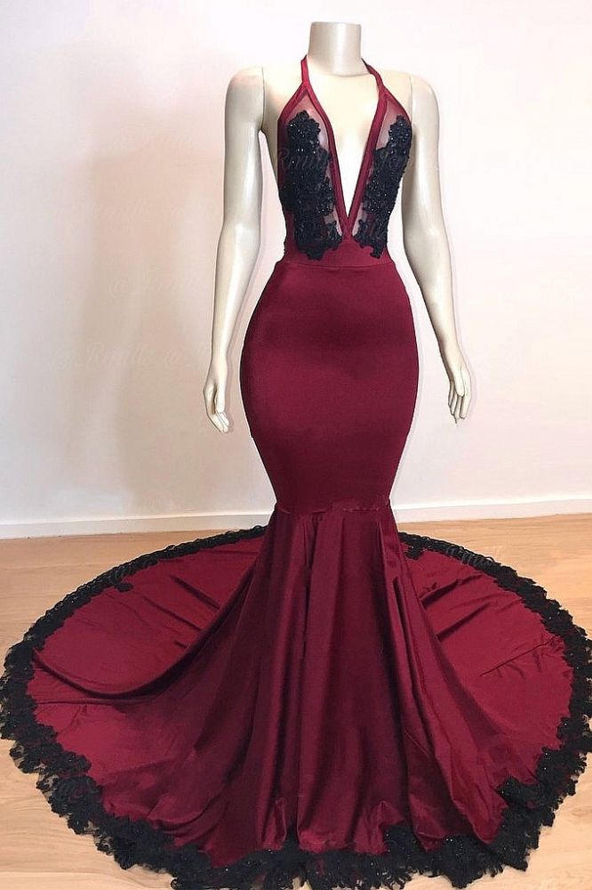 Burgundy V-Neck Halter Appliques Long Mermaid Evening Dresses