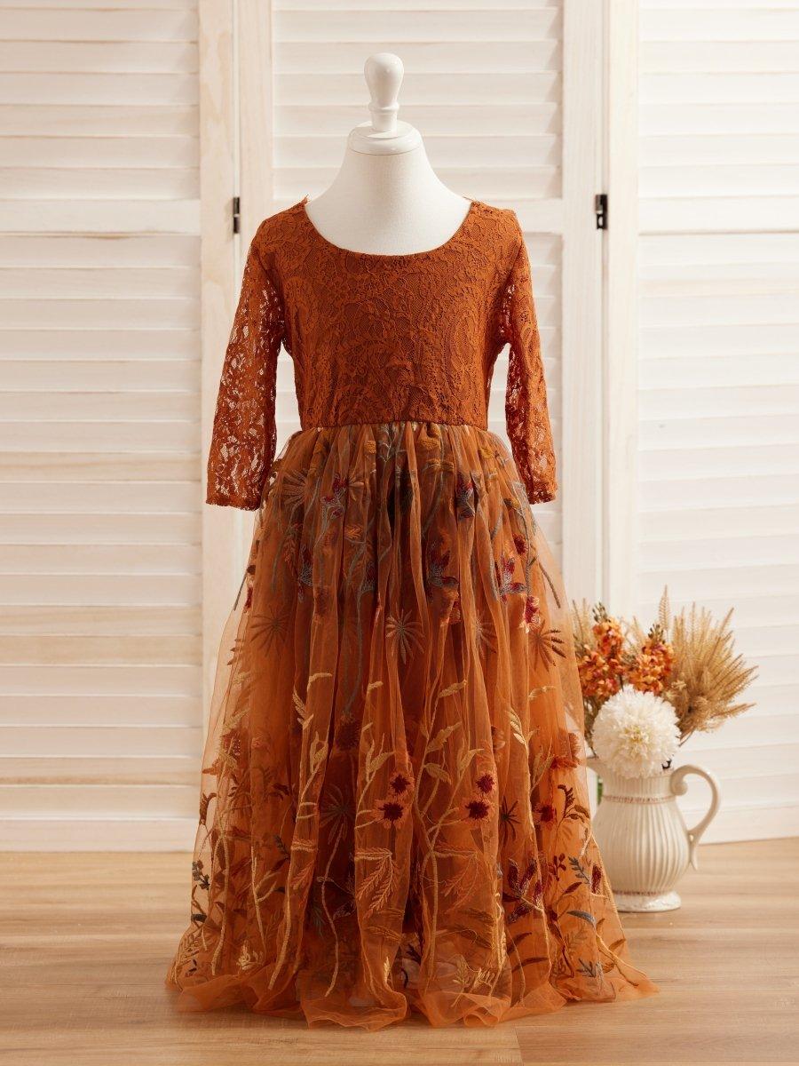 Burnt Orange Lace Tulle Embroidered Ankle Length Flower Girl Dress