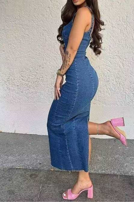 Strappy Zip Back Denim Dress - View 2 | VelvetHem