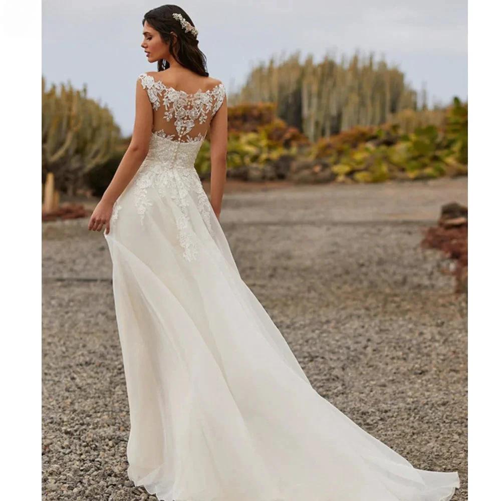 Simple A Line Wedding Dresses 2023 Sexy V Neck Sleeveless Lace Appliques Sweep Train For Women Bridal Gowns Buttons Back Robes (ZD13488)