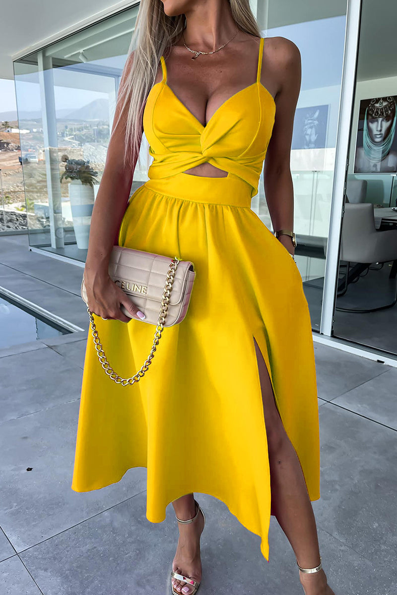 Sexy Celebrities Solid Hollowed Out Pocket Slit V Neck Evening Dress Dresses - View 5 | VelvetHem