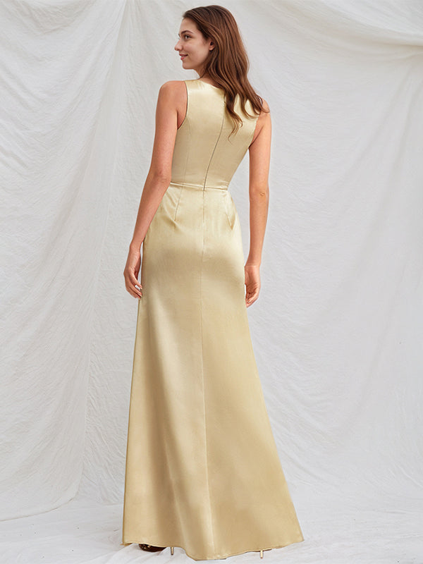 Champagne Satin A Line V Neck Sleeveless Floor Length Pleated Bridesmaid Dress