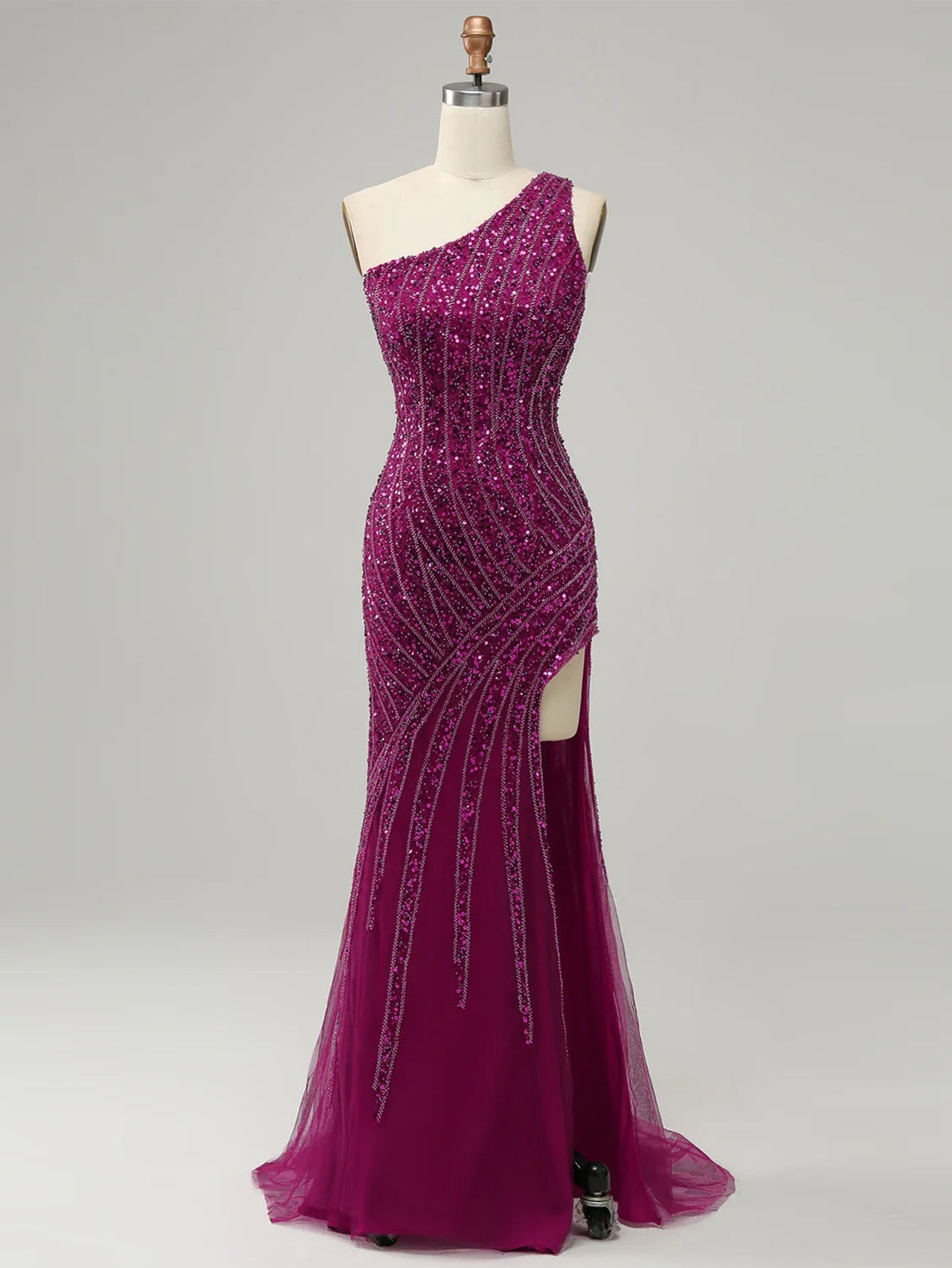 Sparkly Mermaid Purple One Shoulder Long Prom Dress with Slit - Fashionpara