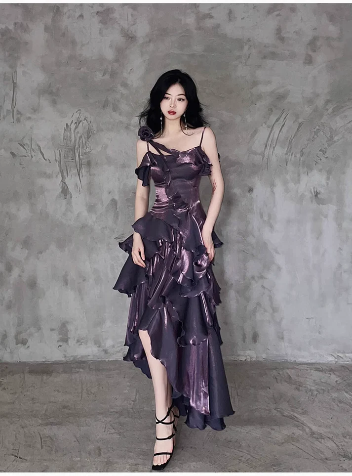 Purple Irregular Ruffle Spaghetti Straps Prom Dress Long Layered Birthday Dress Party Dress