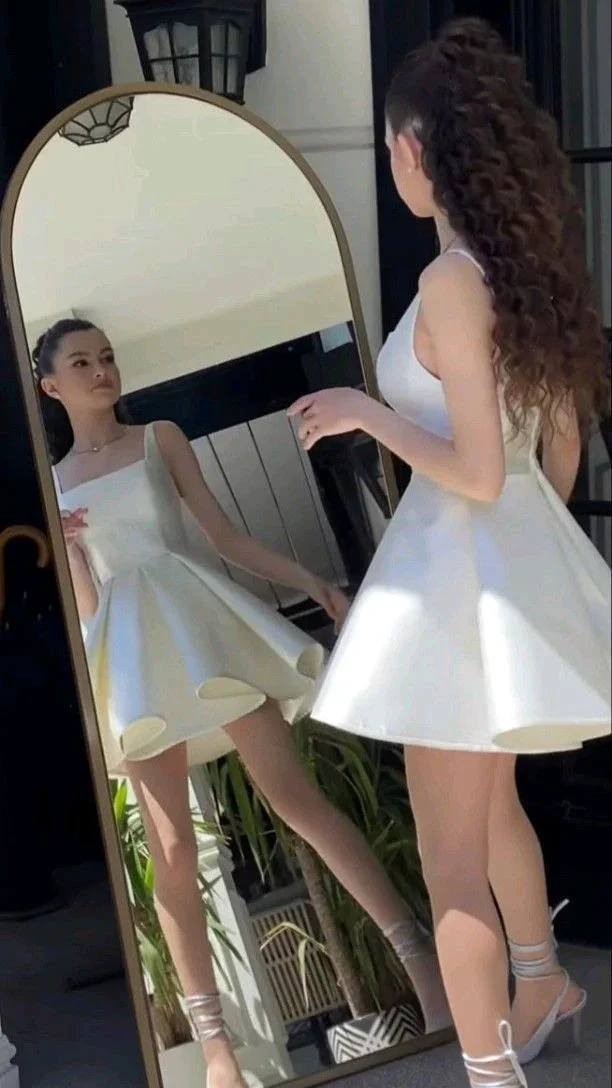 Elegant A Line Straps Ivory Satin Short Homecoming Dress Birthday Dress Y7658 by simplepromdress