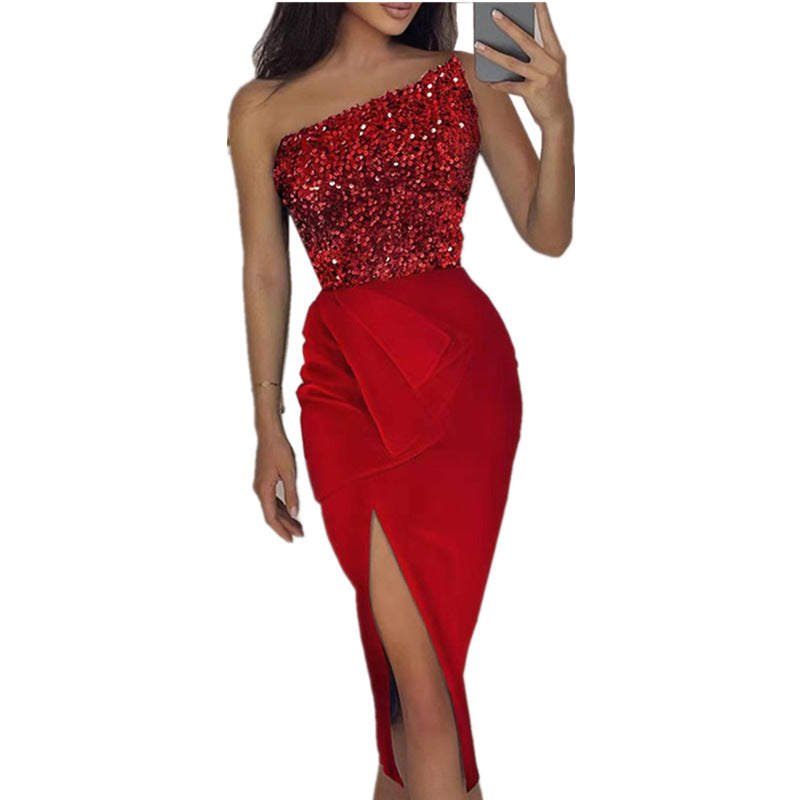 Women Clothing Solid Color Sexy Sequin Split Maxi Dress Elegant One Shoulder Evening Dress - Best for Special Occasions - VelvetHem
