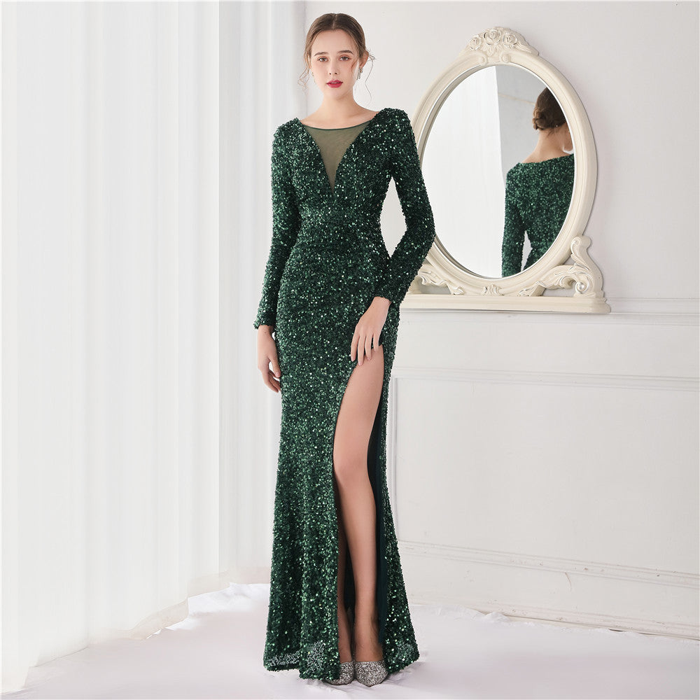 Cocktail Elegant Long Sleeve Sequined Fishtail Evening Dress - View 2 | VelvetHem