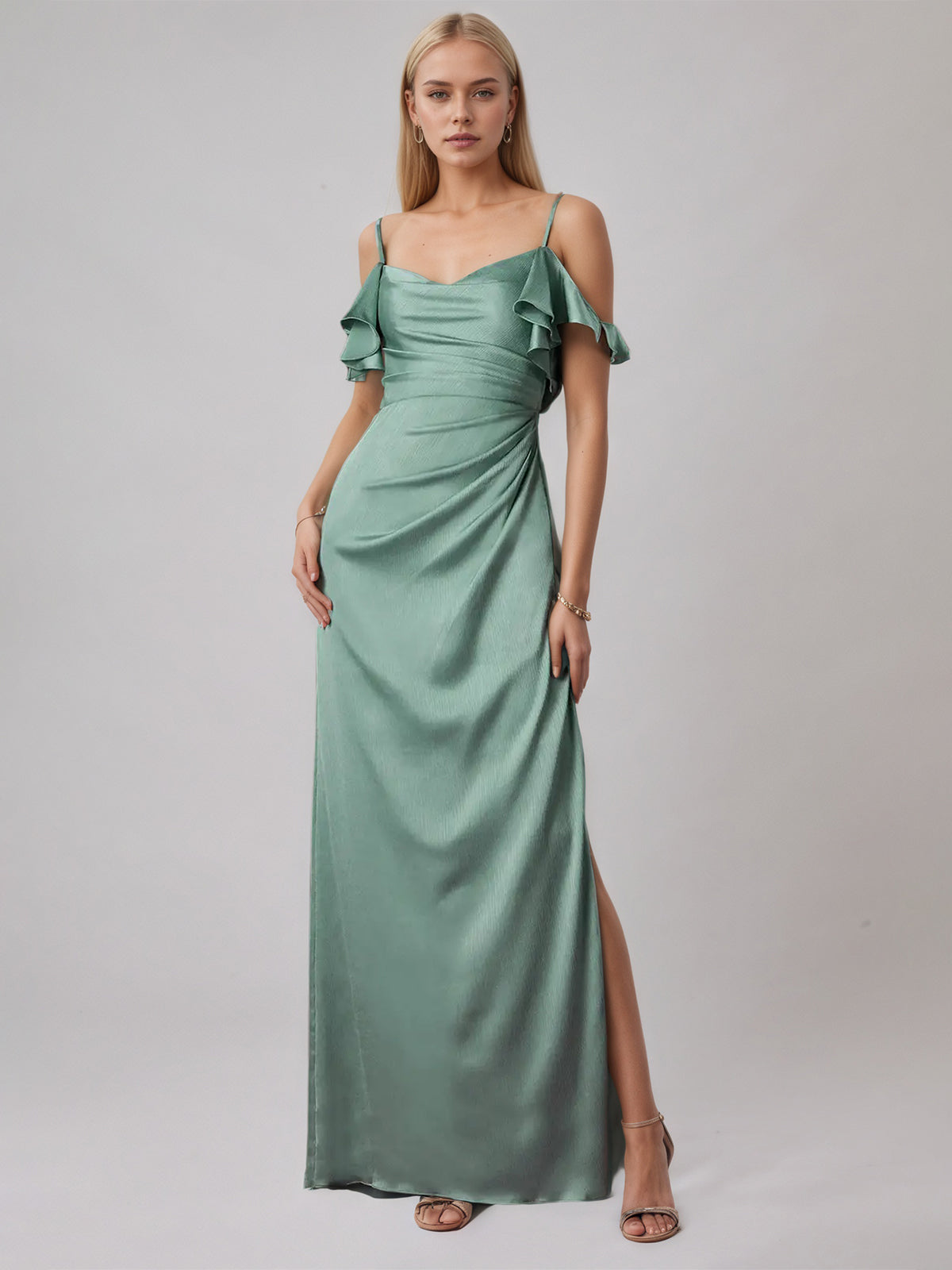 Ice Blue Sheath/Column Satin Spaghetti Straps Sleeveless Floor Length Dress