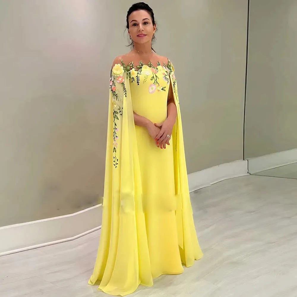 Fairy Yellow Chiffon Prom Dress Mermaid Cap Sleeves Appliques Formal Evening Dress Slit Floor Length Party Gowns